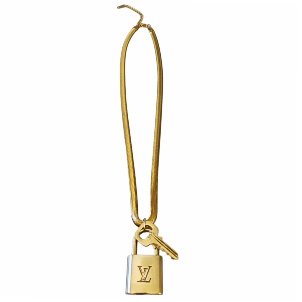 Louis Vuitton Gold Lock with Key On Chunky 18K GF Herringbone Necklace Chain